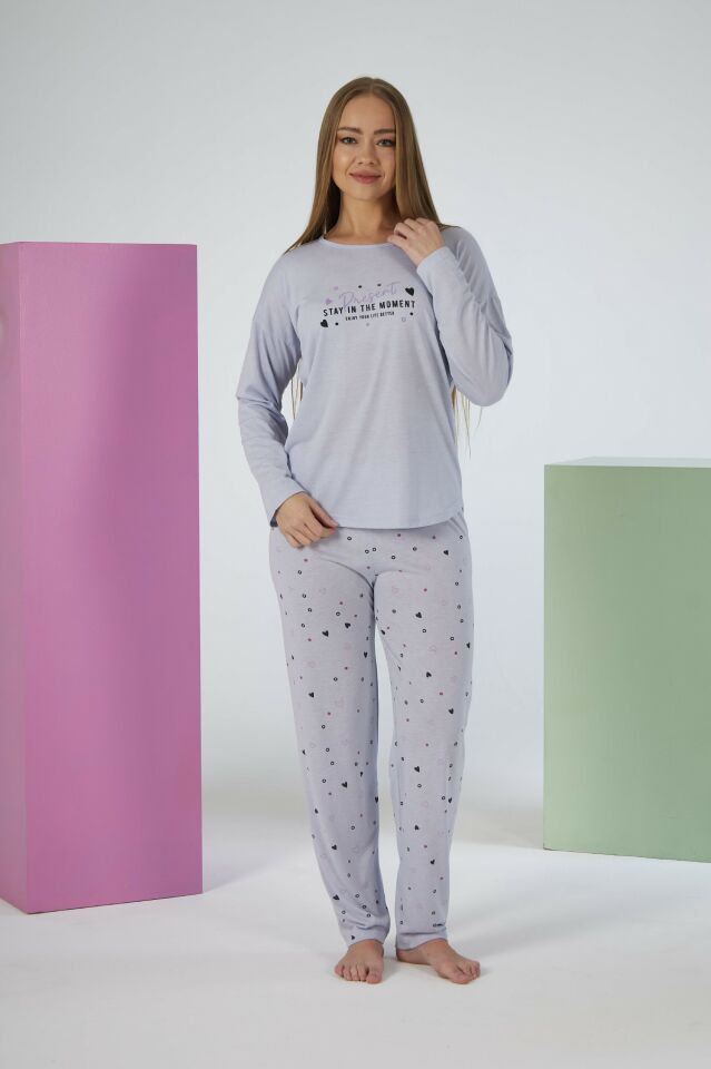 Kadın Yazlık Kalp Desenli Uzun Kollu Viskon Pijama Takımı L - Gri