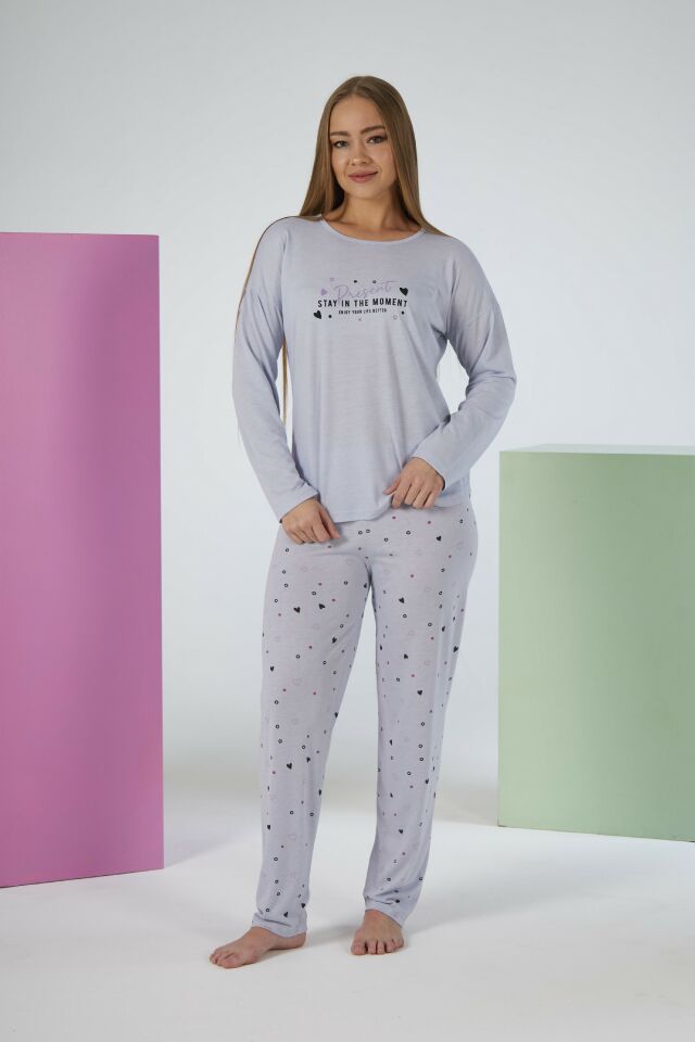 Kadın Yazlık Kalp Desenli Uzun Kollu Viskon Pijama Takımı L - Gri