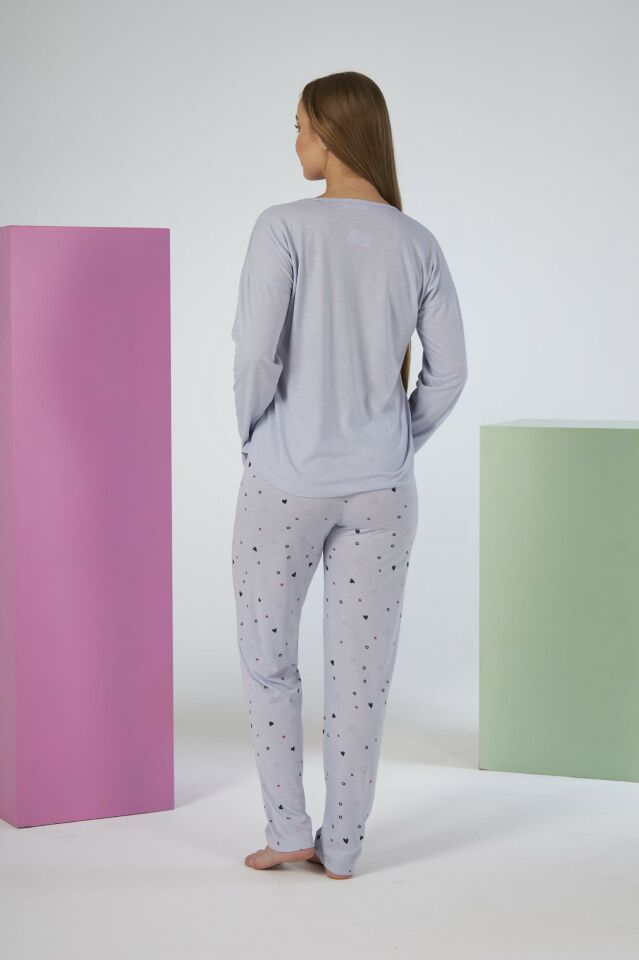 Kadın Yazlık Kalp Desenli Uzun Kollu Viskon Pijama Takımı L - Gri