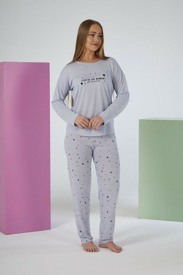 Kadın Yazlık Kalp Desenli Uzun Kollu Viskon Pijama Takımı XL - Gri