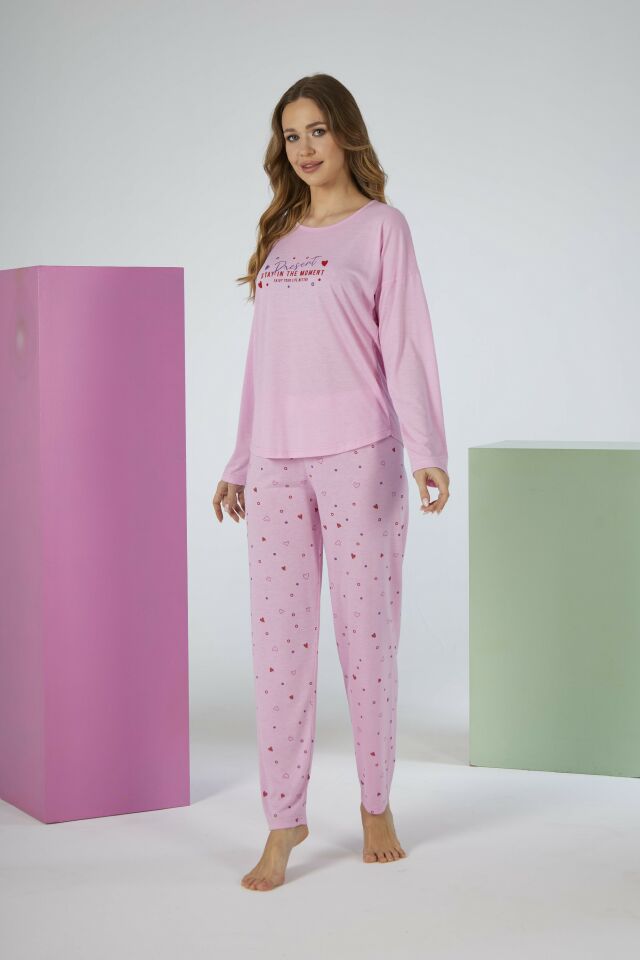 Kadın Yazlık Kalp Desenli Uzun Kollu Viskon Pijama Takımı M - Pembe