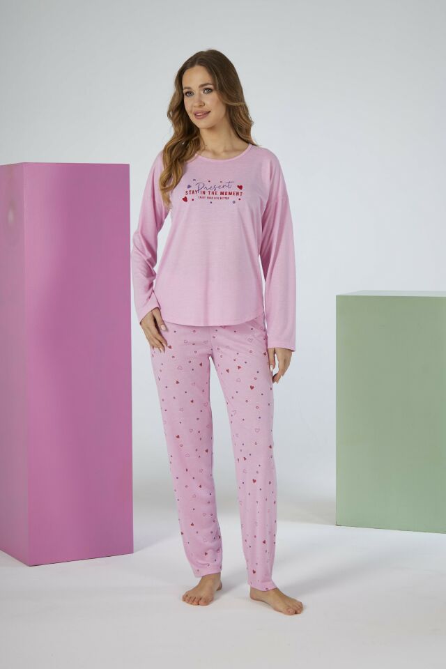 Kadın Yazlık Kalp Desenli Uzun Kollu Viskon Pijama Takımı M - Pembe