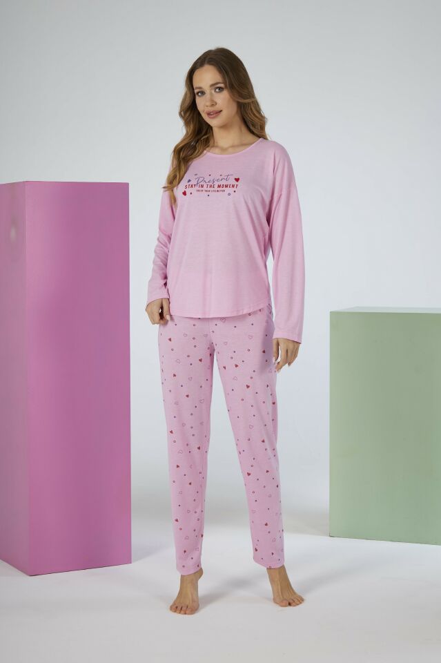 Kadın Yazlık Kalp Desenli Uzun Kollu Viskon Pijama Takımı L - Pembe