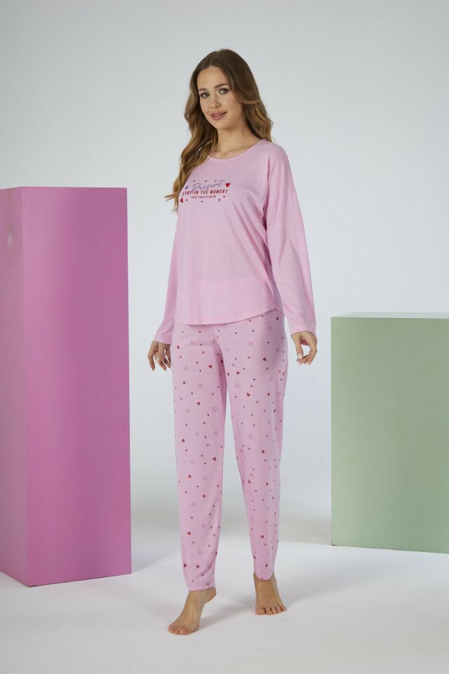 Kadın Yazlık Kalp Desenli Uzun Kollu Viskon Pijama Takımı L - Pembe
