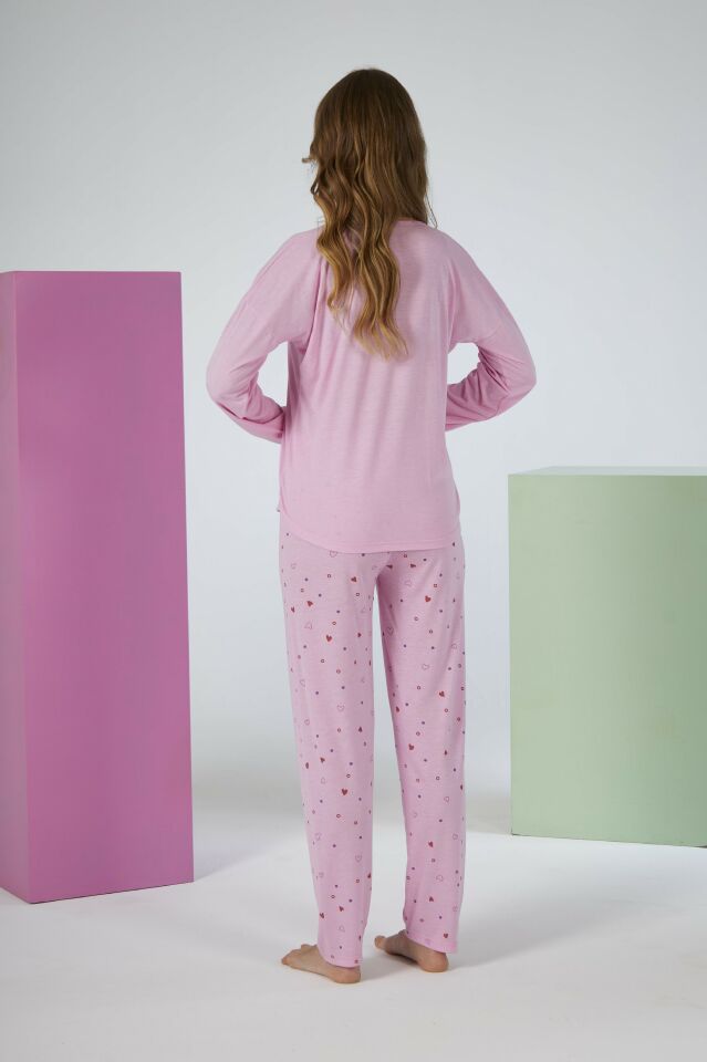 Kadın Yazlık Kalp Desenli Uzun Kollu Viskon Pijama Takımı L - Pembe