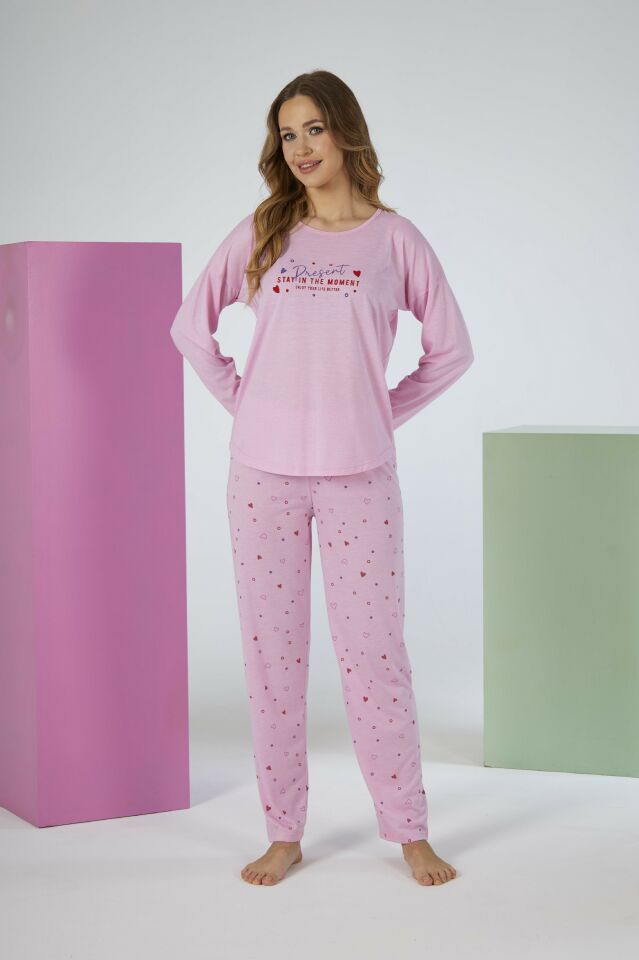Kadın Yazlık Kalp Desenli Uzun Kollu Viskon Pijama Takımı XL - Pembe