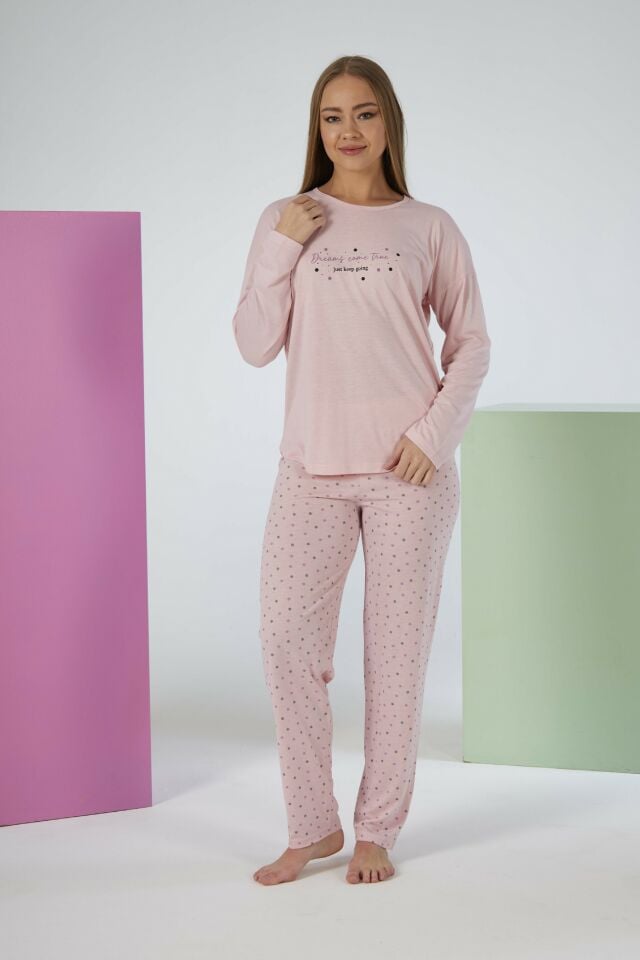 Kadın Yazlık Puantiyeli Uzun Kollu Viskon Pijama Takımı