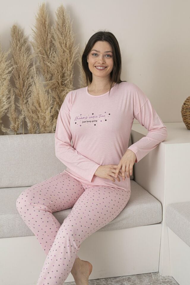 Kadın Yazlık Puantiyeli Uzun Kollu Viskon Pijama Takımı