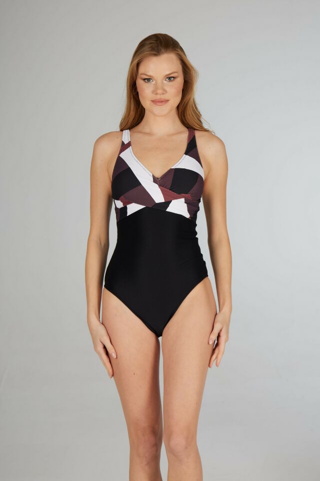 Estiva Kadın Parça Desenli Siyah Emprime Toparlayıcı Tek Parça Mayo