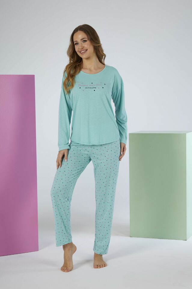 Kadın Yazlık Puantiyeli Uzun Kollu Viskon Pijama Takımı M - MİNT