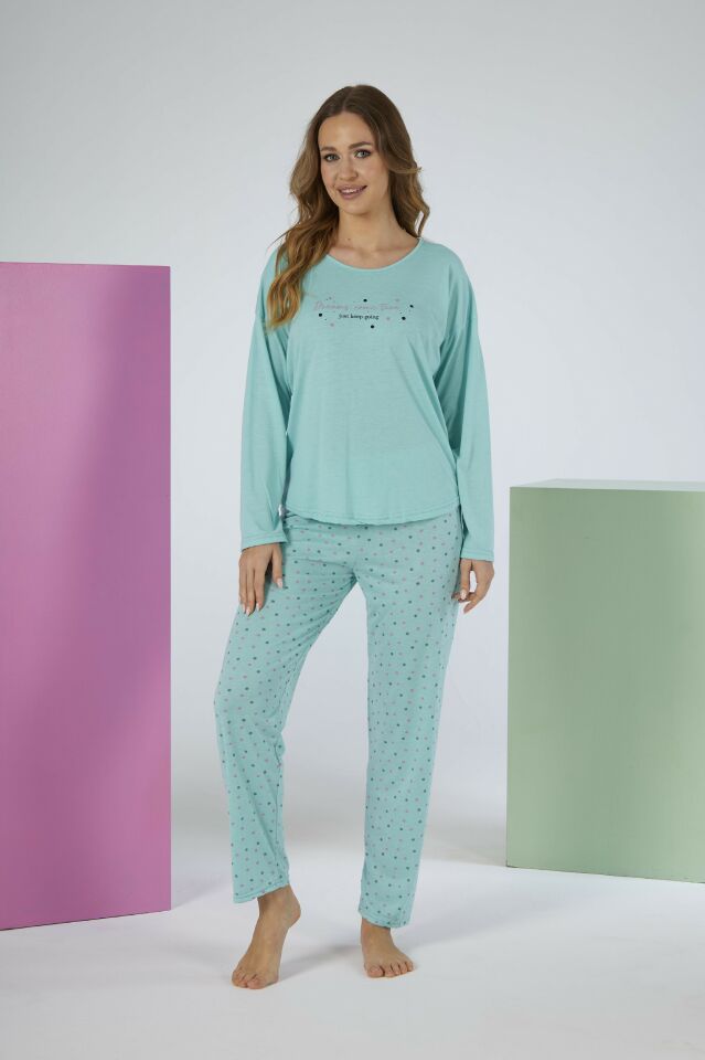 Kadın Yazlık Puantiyeli Uzun Kollu Viskon Pijama Takımı L - MİNT