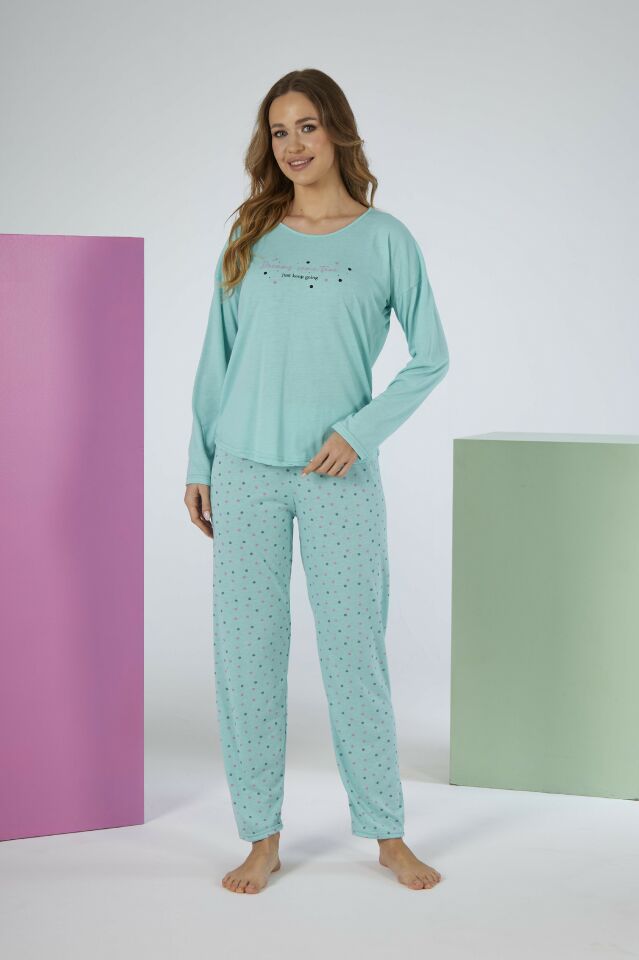 Kadın Yazlık Puantiyeli Uzun Kollu Viskon Pijama Takımı L - MİNT