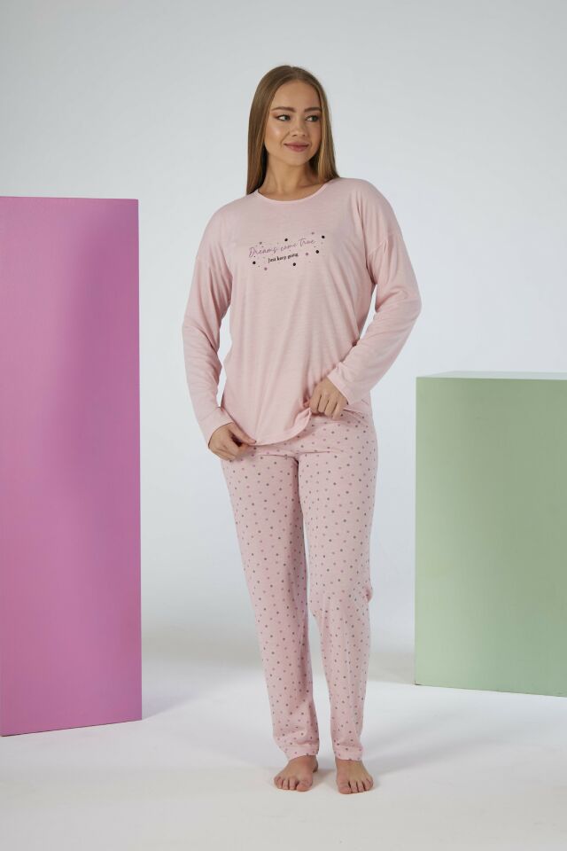 Kadın Yazlık Puantiyeli Uzun Kollu Viskon Pijama Takımı M - SOMON