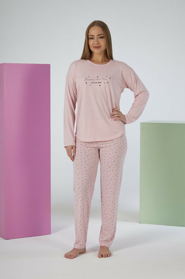 Kadın Yazlık Puantiyeli Uzun Kollu Viskon Pijama Takımı M - SOMON