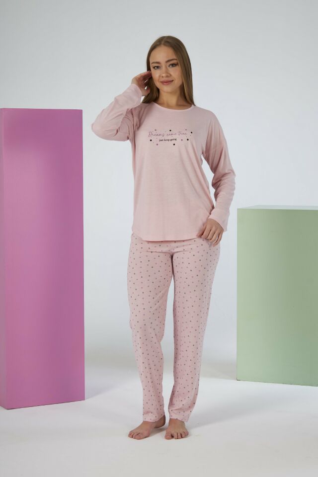 Kadın Yazlık Puantiyeli Uzun Kollu Viskon Pijama Takımı M - SOMON