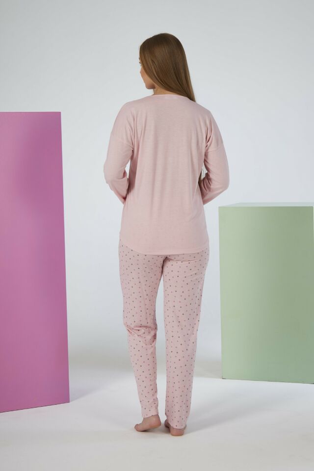 Kadın Yazlık Puantiyeli Uzun Kollu Viskon Pijama Takımı SOMON