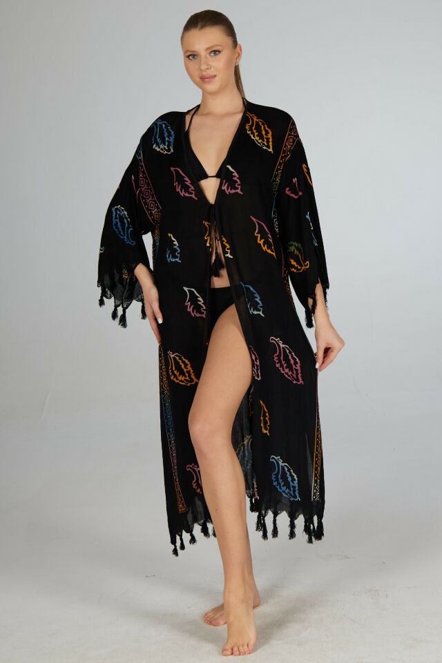 Estiva Yaprak Desenli Etek ve Kol Püsküllü Tek Bağcıklı Uzun Koton Pareo Siyah