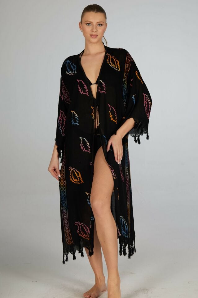 Estiva Yaprak Desenli Etek ve Kol Püsküllü Tek Bağcıklı Uzun Koton Pareo Siyah