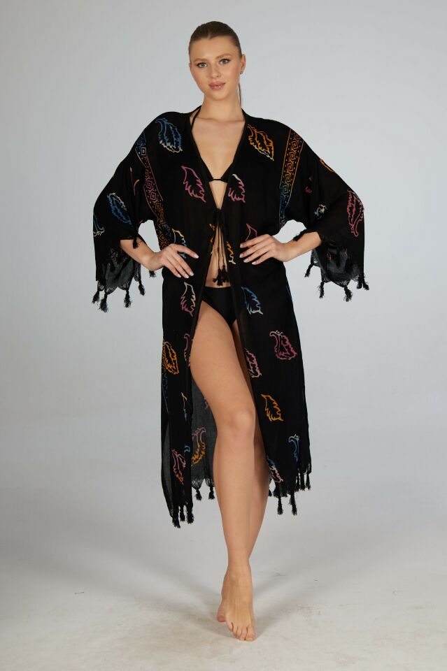 Estiva Yaprak Desenli Etek ve Kol Püsküllü Tek Bağcıklı Uzun Koton Pareo Siyah