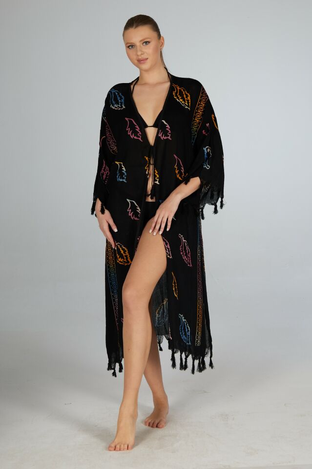 Estiva Yaprak Desenli Etek ve Kol Püsküllü Tek Bağcıklı Uzun Koton Pareo Siyah