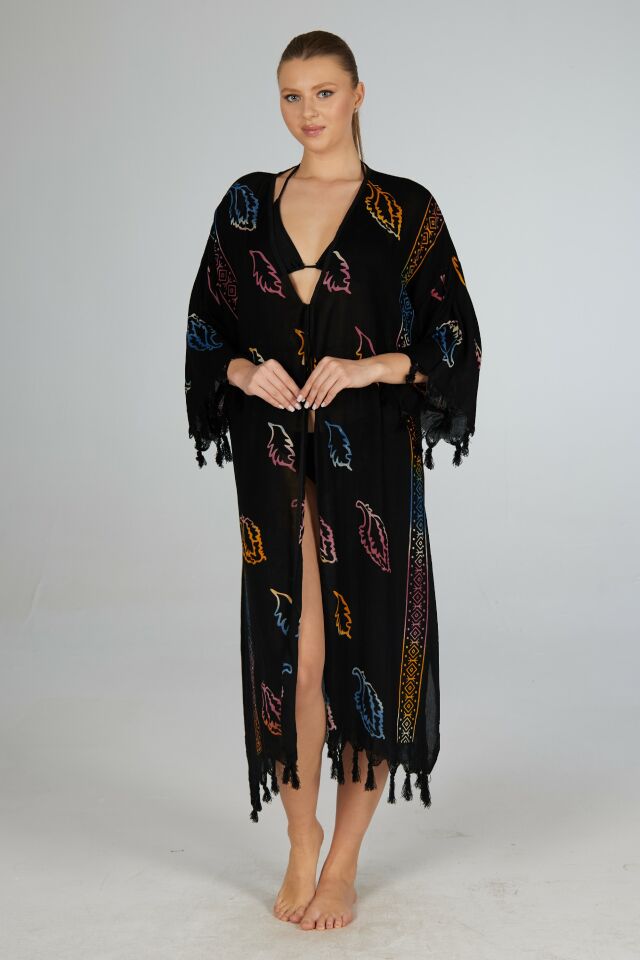 Estiva Yaprak Desenli Etek ve Kol Püsküllü Tek Bağcıklı Uzun Koton Pareo Siyah