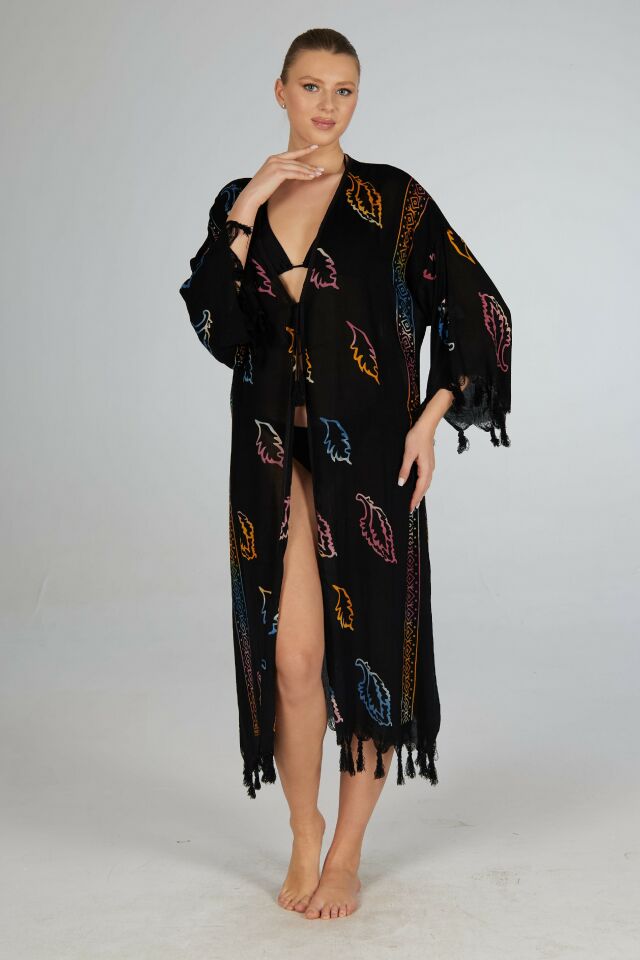 Estiva Yaprak Desenli Etek ve Kol Püsküllü Tek Bağcıklı Uzun Koton Pareo Siyah