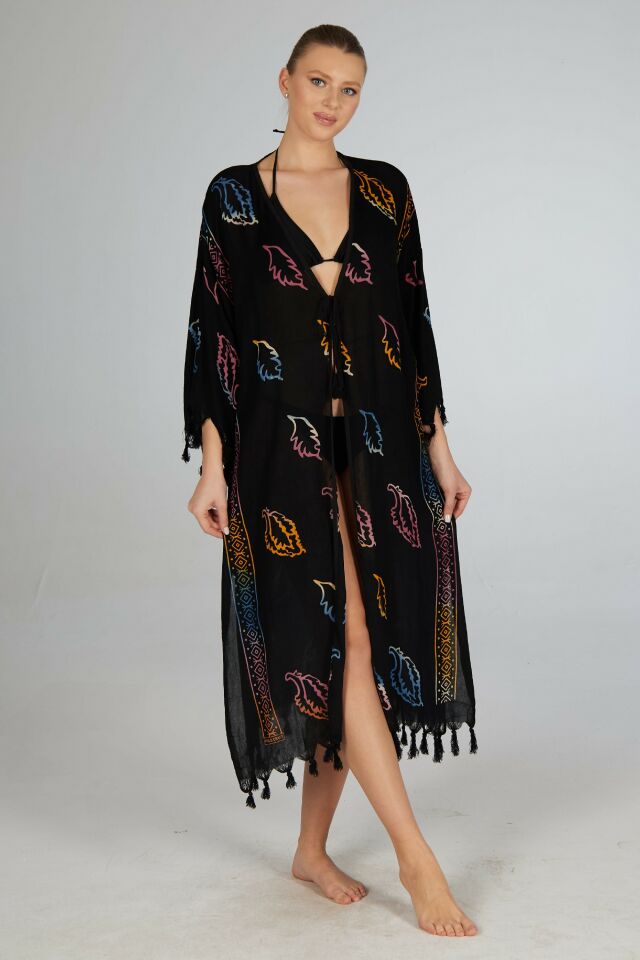 Estiva Yaprak Desenli Etek ve Kol Püsküllü Tek Bağcıklı Uzun Koton Pareo Siyah