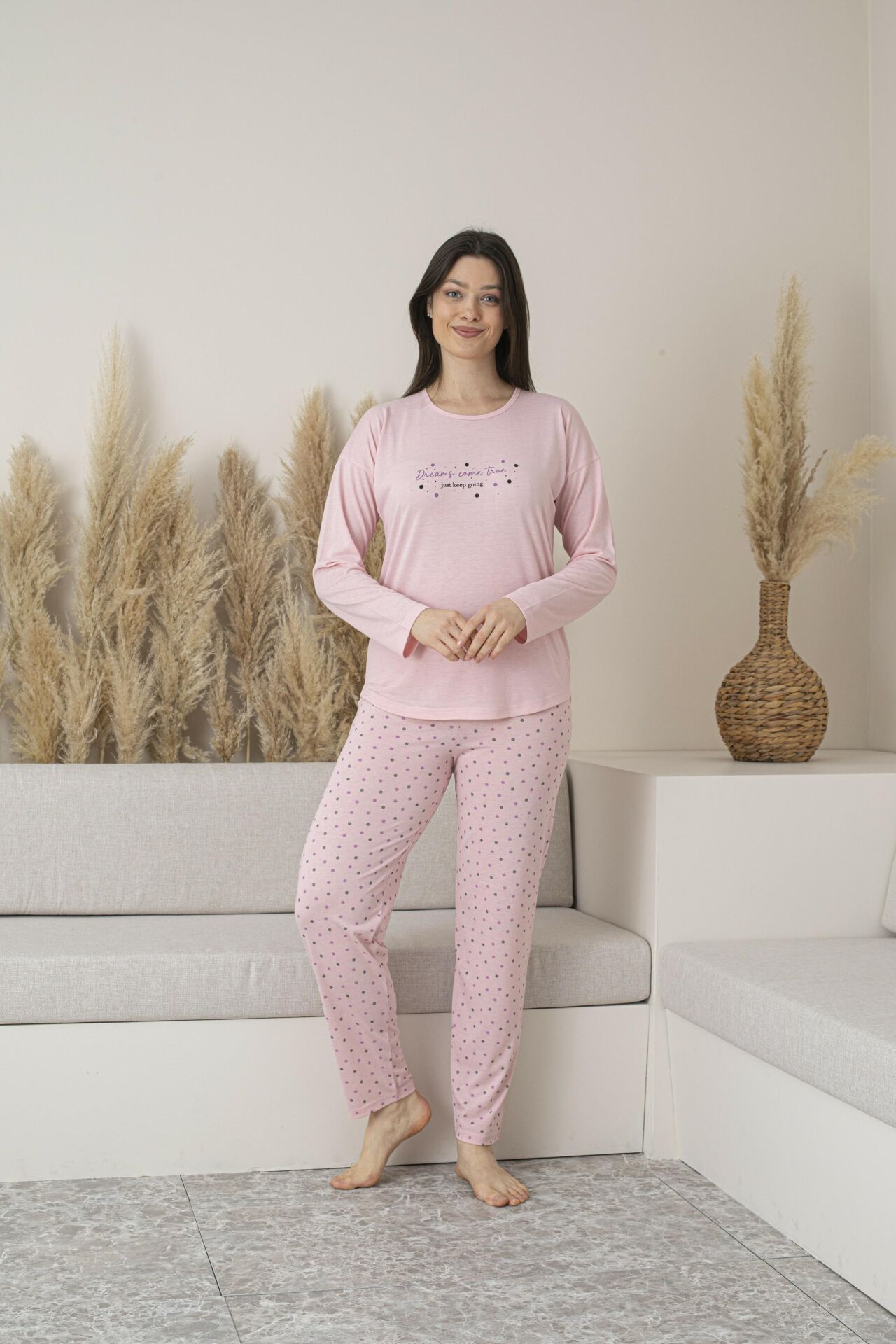 Kadın Yazlık Puantiyeli Uzun Kollu Viskon Pijama Takımı XL - SOMON
