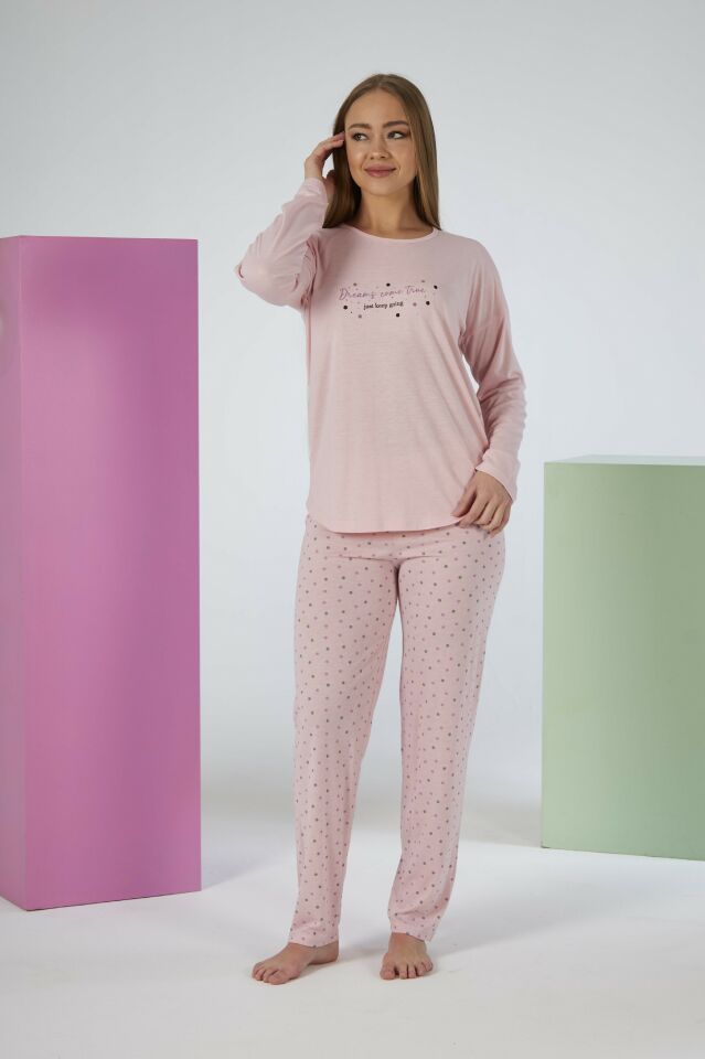 Kadın Yazlık Puantiyeli Uzun Kollu Viskon Pijama Takımı XL - SOMON