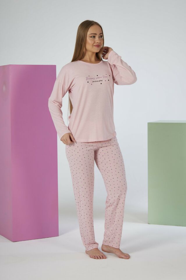 Kadın Yazlık Puantiyeli Uzun Kollu Viskon Pijama Takımı XL - SOMON