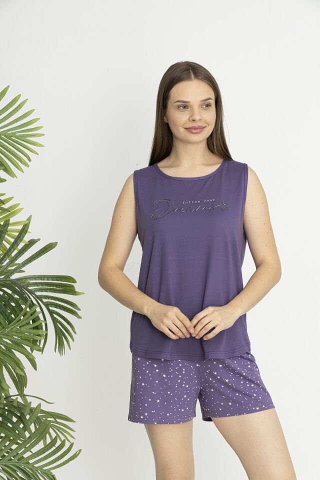Estiva Kadın Yıldız Alt Desenli Kolsuz Şortlu Soft Pijama Takımı