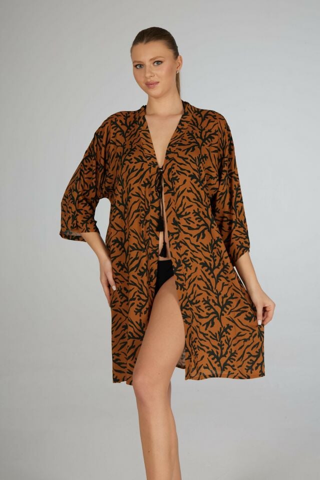 Estiva Dal Desenli Tek Bağcıklı Pareo Kahverengi