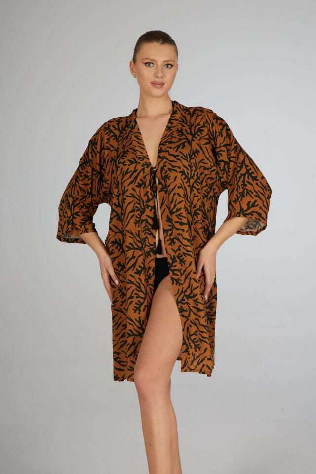 Estiva Dal Desenli Tek Bağcıklı Pareo Kahverengi