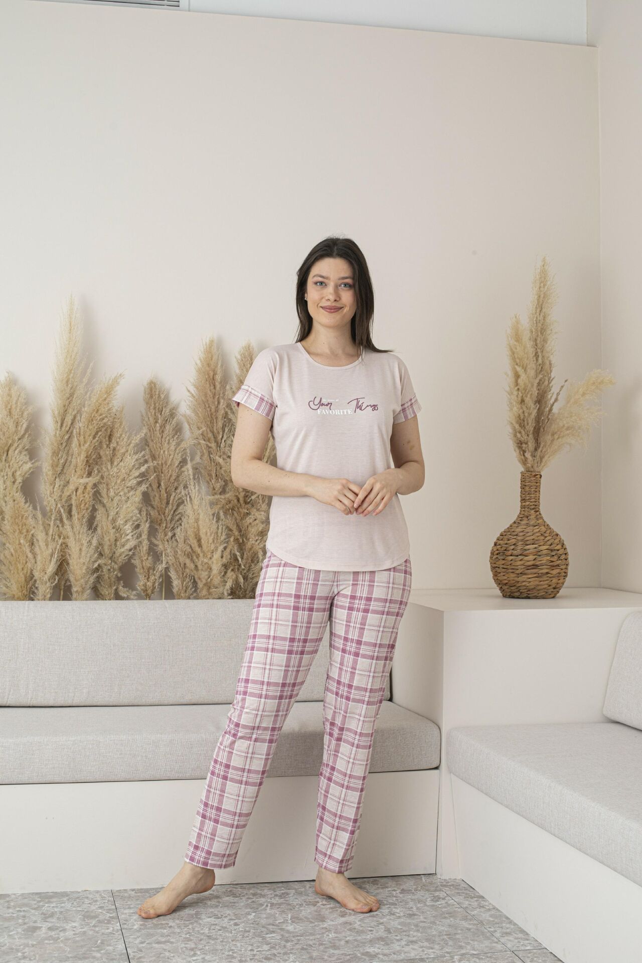 Kadın Yazlık Kareli Kısa Kollu Viskon Pijama Takımı - Pembe