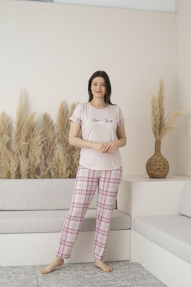 Kadın Yazlık Kareli Kısa Kollu Viskon Pijama Takımı - Pembe