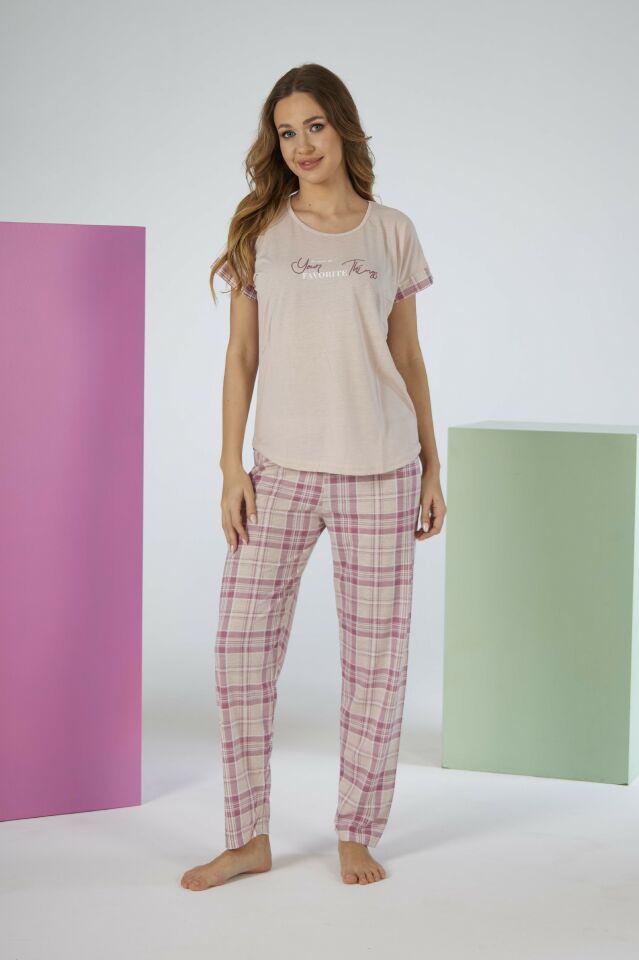 Kadın Yazlık Kareli Kısa Kollu Viskon Pijama Takımı - Pembe