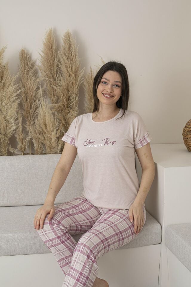 Kadın Yazlık Kareli Kısa Kollu Viskon Pijama Takımı - Pembe