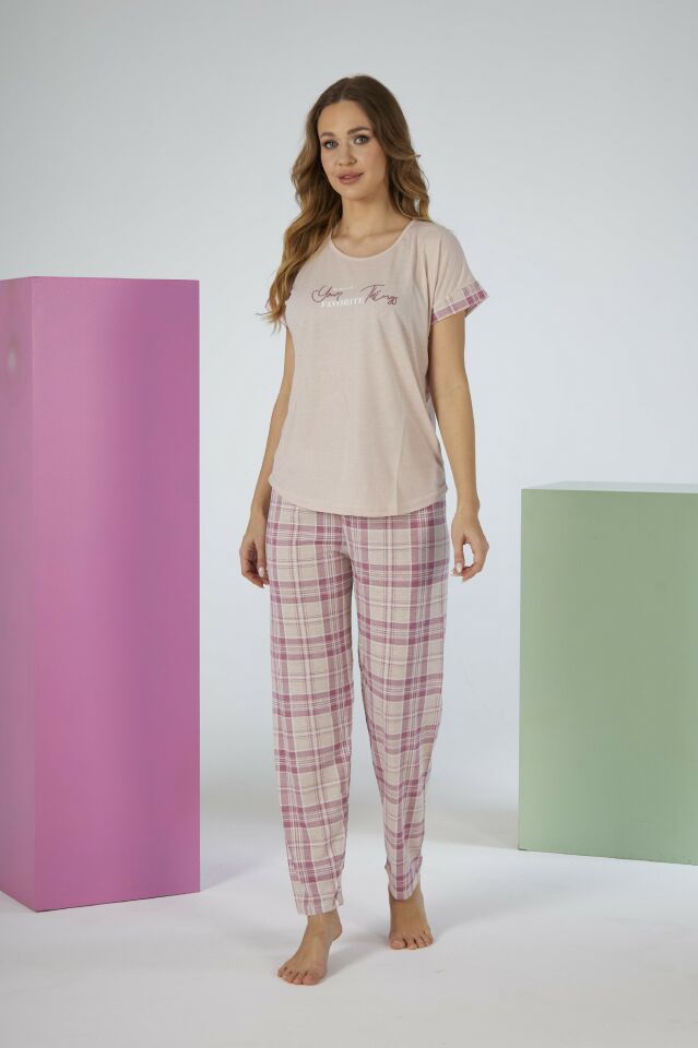 Kadın Yazlık Kareli Kısa Kollu Viskon Pijama Takımı - Pembe