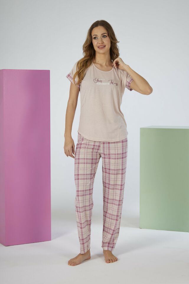 Kadın Yazlık Kareli Kısa Kollu Viskon Pijama Takımı - Pembe