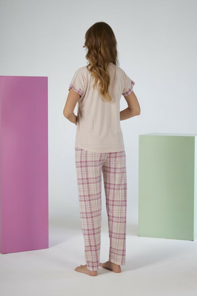 Kadın Yazlık Kareli Kısa Kollu Viskon Pijama Takımı - Pembe