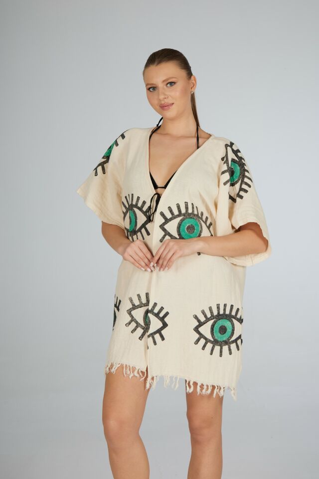 Estiva Göz Desenli Etek Püsküllü Tek Bağcıklı Koton Pareo