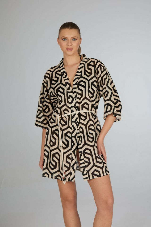 Estiva Siyah Çizgi Desenli İp Kuşaklı Vual Pareo