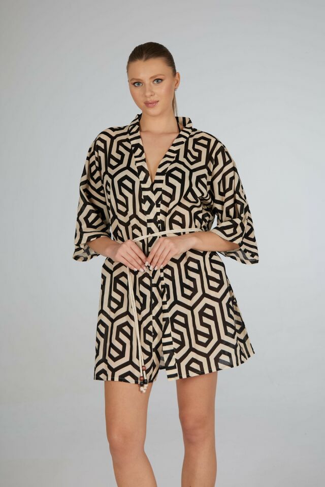 Estiva Siyah Çizgi Desenli İp Kuşaklı Vual Pareo