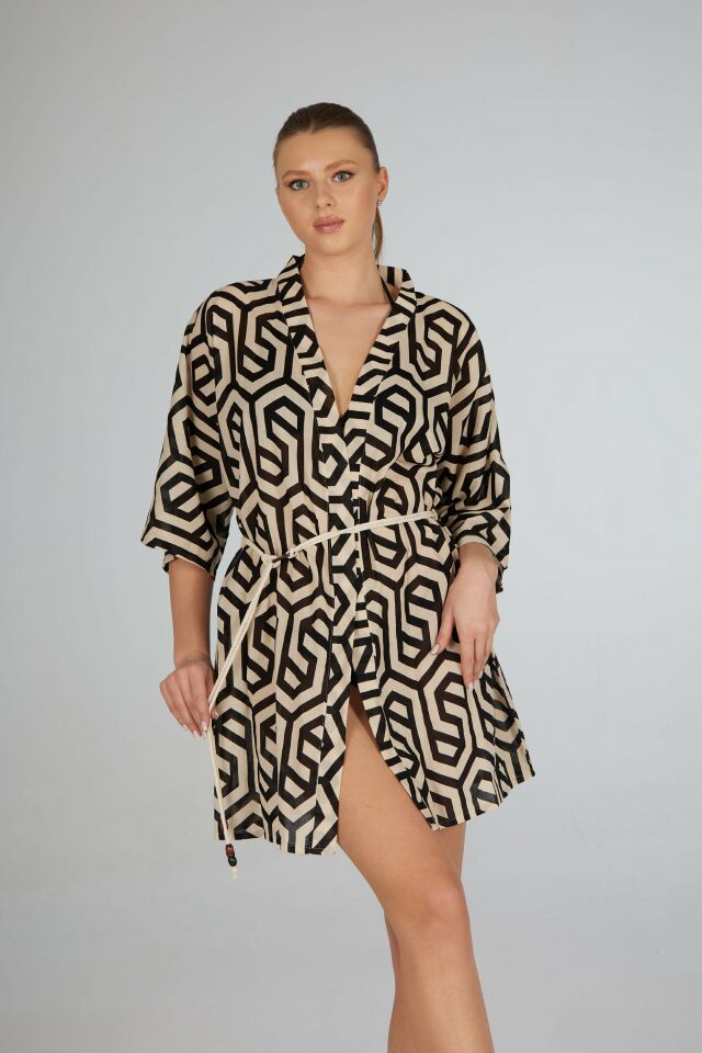 Estiva Siyah Çizgi Desenli İp Kuşaklı Vual Pareo