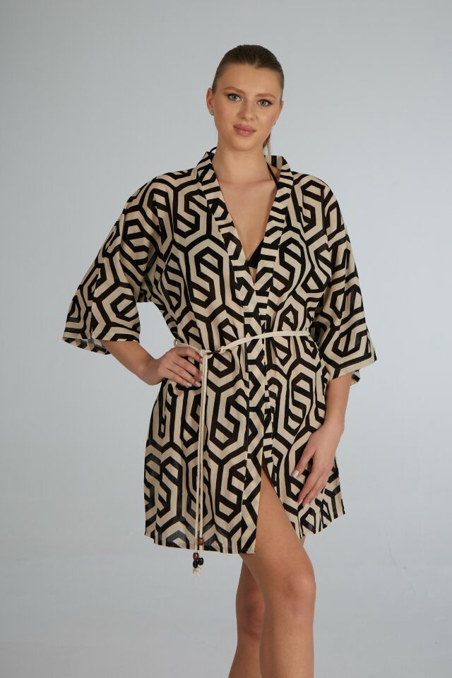 Estiva Siyah Çizgi Desenli İp Kuşaklı Vual Pareo