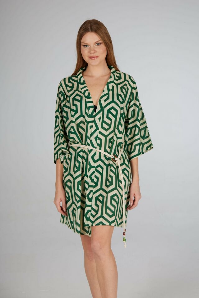 Estiva Yeşil Çizgi Desenli İp Kuşaklı Vual Pareo