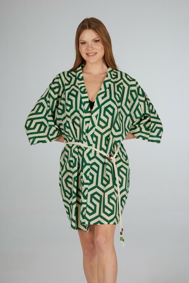 Estiva Yeşil Çizgi Desenli İp Kuşaklı Vual Pareo