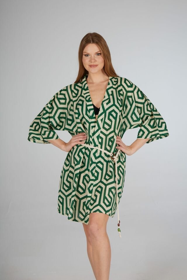 Estiva Yeşil Çizgi Desenli İp Kuşaklı Vual Pareo