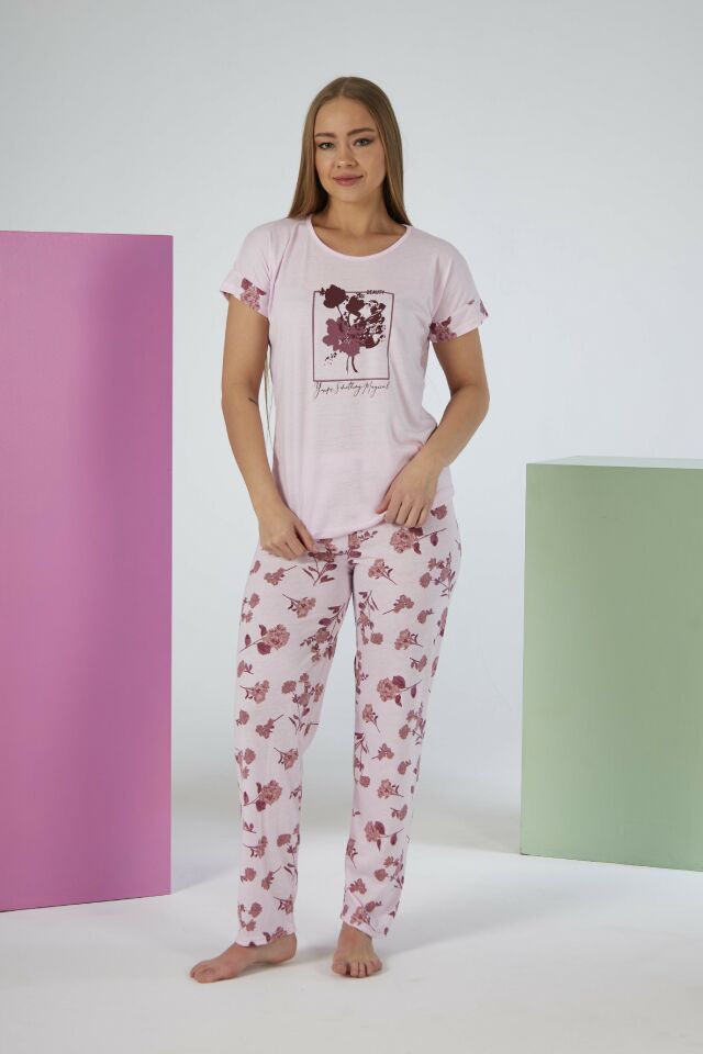Kadın Yazlık Çiçek Desenli Kısa Kollu Viskon Pijama Takımı - Pembe