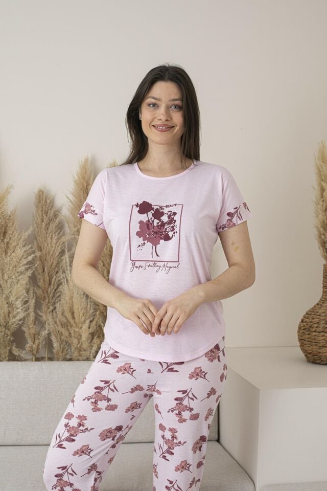 Kadın Yazlık Çiçek Desenli Kısa Kollu Viskon Pijama Takımı - Pembe